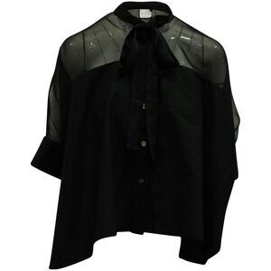 Sacai Ribbon Neckline Sheer Panel Blouse in Black Polyester